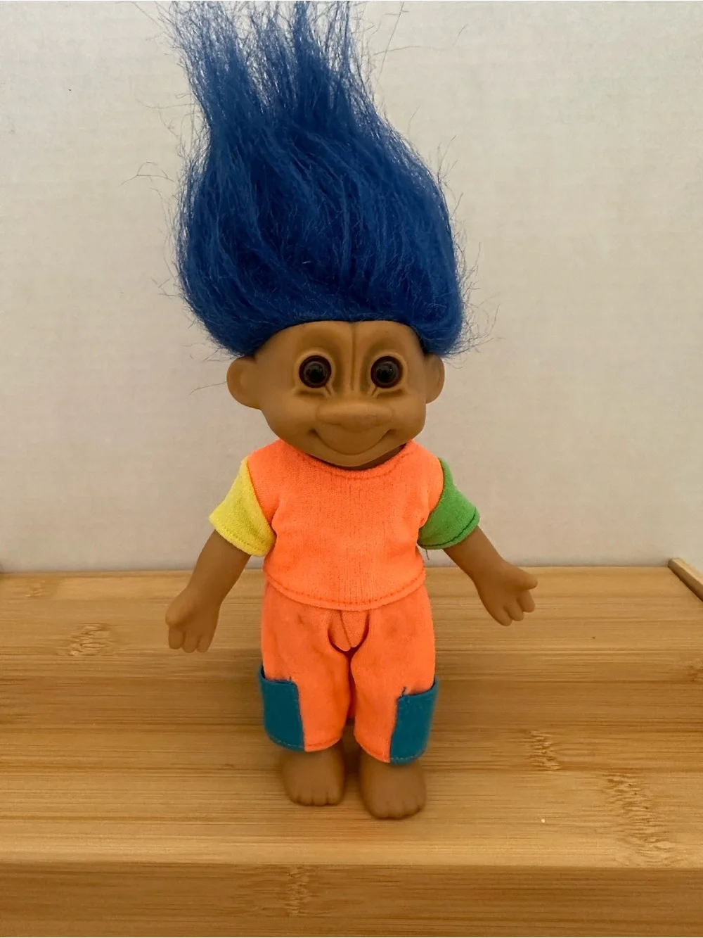 Vintage Russ Troll Doll with Blue Hair and Neon Orange Outfit 6.5” Tall #11